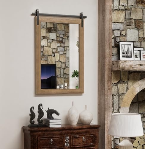 Farmhouse Bathroom Mirror, Brown Rustic Vanity Mirror Wood Framed Decrative Mirrors, Barn Door Style Decor Entryway Bedroom 22x30INCH Horizontal