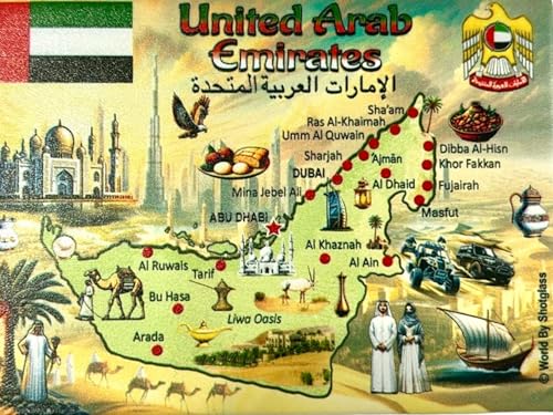 United Arab Emirates (UAE) Graphic Map and Attractions Souvenir Fridge Magnet 2.5" X 3.5"