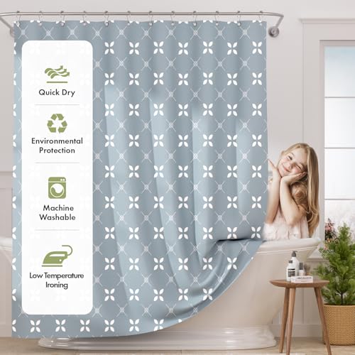 Image of AmazerBath Shower Curtain Blue, Cloth Blue and White Floral Fabric Shower Curtain Sets with 12 Shower Curtain Hooks, Rustic Home Decor Washable Farmhouse Fall Bathroom Shower Curtains, 72x72 Inches