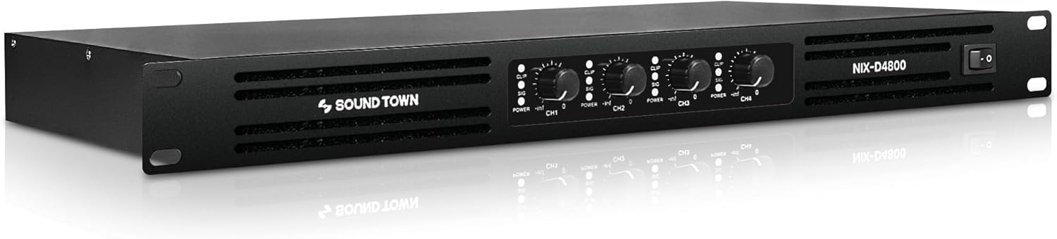 Sound Town Amplificador de potencia PADJ de 4 canales Clase D, 4 x 720W RMS a 4 ohmios, espacio en rack de 1U (NIX-D4800)