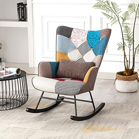 HomeMiYN Rocking Chair for Nursery Patchwork Accent Chair With Soft Lumbar and Wood Legs High Back Rocking Chairs for Balcony Living Room Bedroom Cover