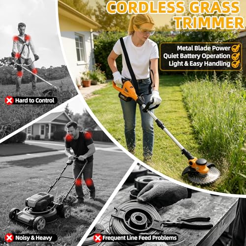 Image of 4 in 1 Electric Weed Eater, Cordless Weed Wacker with Wheels, 2x4.0AH Batteries, 20000RPM Brushless Motor, 90 Adjustable Head, Lightweight Grass Trimmer /Brush Cutter /String Trimmer for Garden Yard