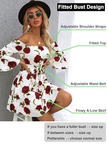 Image of Off Shoulder Ruffle Dress for Women, A-Line Mini Dress with Belt, Fitted Bust Summer Wedding Guest Dress