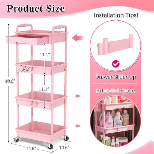 Image of SUNALLY 4 Tier Rolling Utility Cart with Drawer, Storage Organizer Cart with 2 Lockable Wheels, Multifunctional Rolling Storage Cart for Bathroom, Kitchen, Craft, Makeup, Baby Essentials, Pink