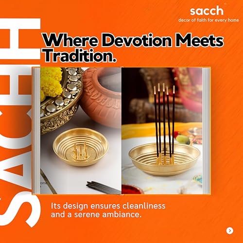 Image of SACCH Pure Brass Agarbatti Stand with 5 Holes Wide Ash Catcher Tray | Mess-Free Incense Holder for Pooja & Gifting