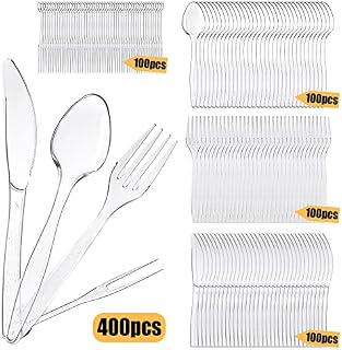 HMIEPRS 400PCS Clear Plastic Cutlery Set,Durable Reusable Plastic Cutlery Set Includes 100 Forks 100 Spoons 100 Knives 100 Fruit Forks for Tableware, Parties, Camping and Dinnerware