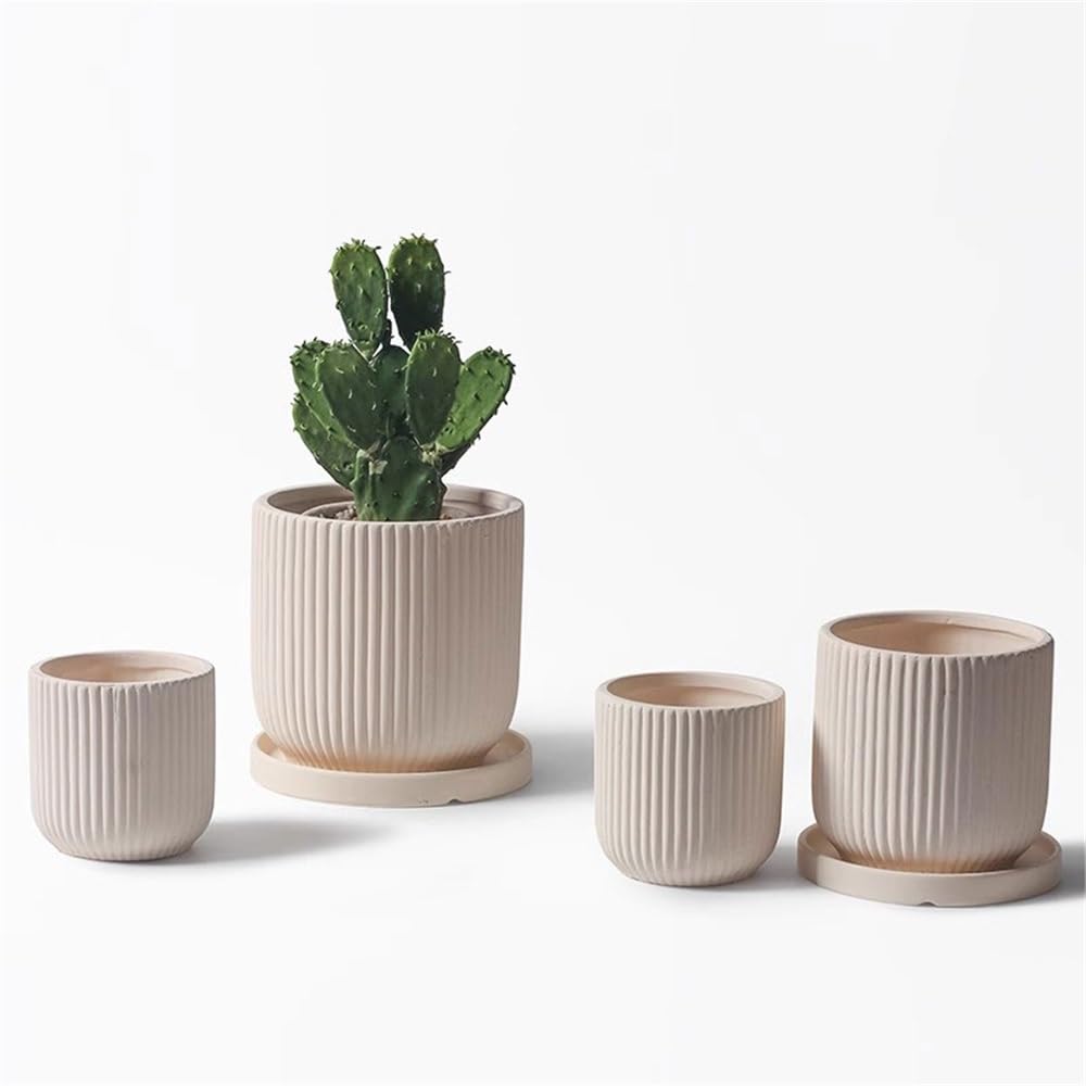 Pot De Fleur Exterieur Pot de fleur rond beige avec stries, pot de plante de table en céramique, récipient décoratif de fleur botanique for chambre à coucher, bureau, jardin, patio Pots De Pépinière(P