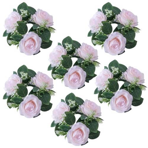 Ewanda store 6 Pcs Candle Ring Wreaths Rose Floral Flower Ring Wreaths Pillar Candle Holders for Wedding Valentine's Day Table Decoration Party Decorations,Light Pink