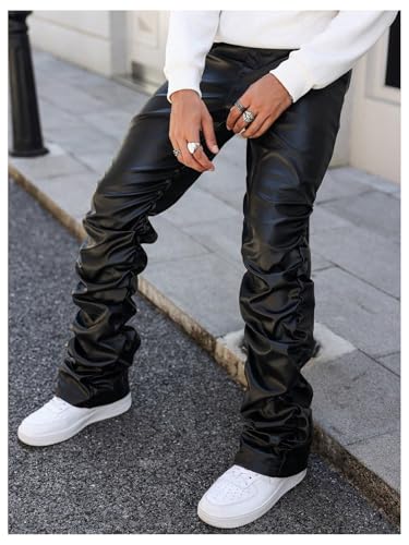SHENHE Men's PU Leather Stacked Pants Straight Leg Ruched Hip Hop Streetwear Pants Trousers3