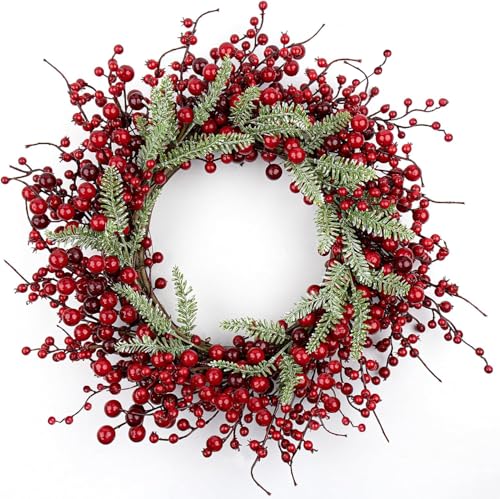 Yawwind 20 Inches Red Christmas Wreaths Farmhouse Christmas Wreaths for Front Door Classic Red Berry Wreath Winter Holiday Wreath with Fir Pine Needle for Doors Window Indoors Porches Outside