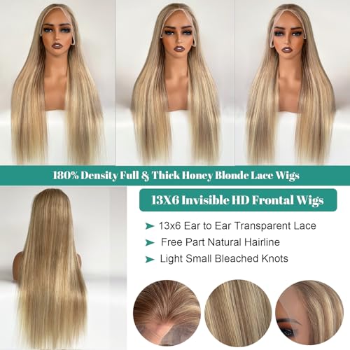 Image of Munx 13x6 Ash Blonde Human Hair Wigs for Women Pre Plucked Ombre Highlight Light Brown and Ash Blonde Straight Lace Wig Bleach Knots with Baby Hair 28 Inch