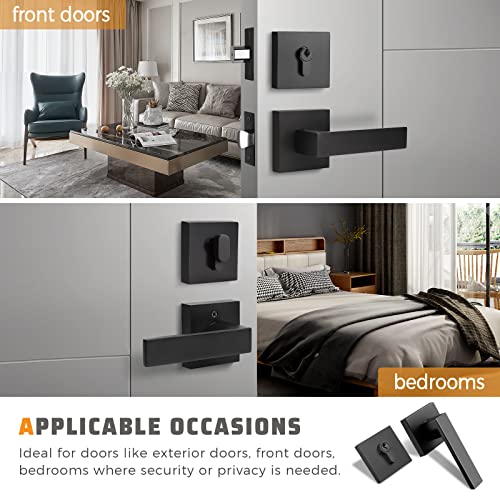 Knobwell 1 Pack Square Heavy Duty Passage Door Lever And Single Cylinder Deadbolt Lock Set, Keyed Alike Lever Door Handle With Deadbolt For Entrance And Front Door, Matte Black Finish #TOP2