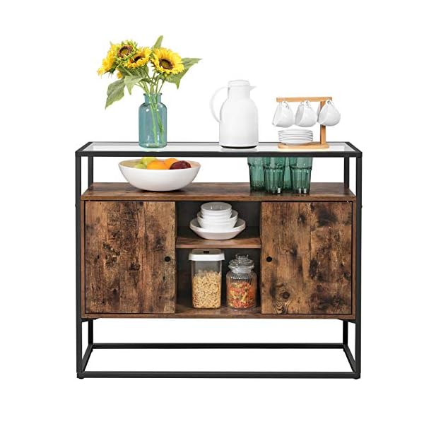 VASAGLE Sideboard, Side Cabinet, Storage Cabinet with Glass Surface and Open Compartments, Living Room, Hallway, Steel Frame, Tempered Glass, Industrial, Rustic Brown and Black LSC014B01 - Image 10