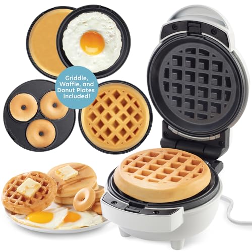 3 in 1 Mini Breakfast Maker- Make Mini Waffles Donuts Pancakes or Eggs all in 1 Multi Use Appliance- Easily Swap & Clean Interchangeable Griddle Plates- Small Electric Nonstick Baker for Any Occasion