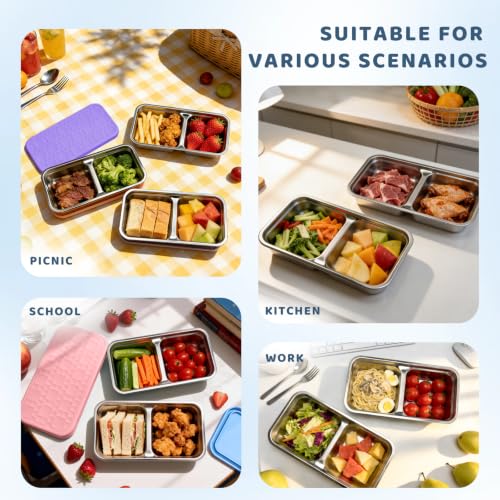 Image of 15 oz Snack Containers for Kids, Stainless Steel Lunch Box 3 Pack | Reusable Food Containers with Silicone leak resistant Lids. Perfect for School Lunch, Daycare, Travel and Portion Control