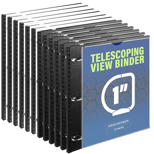 Image of WOT I 1 Inch Telescoping 3 Ring Binder 12-Pack, Expandable Flexible Binder with Customizable Front Cover & Clear Catalog Pocket, Holds 8.5 inchx11 inch Paper, School Office Supplies, Black+White