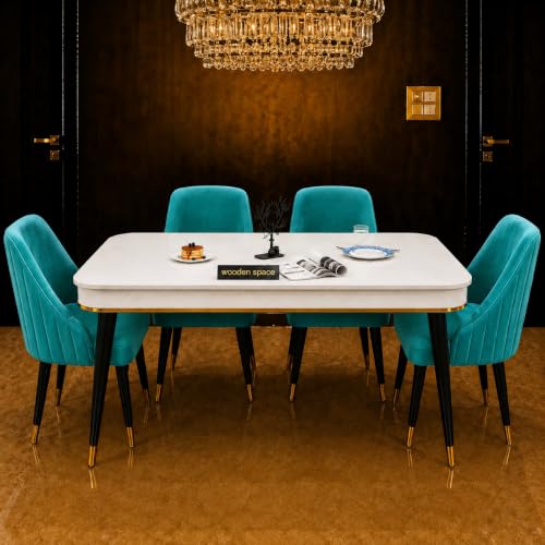 Image of WOODEN SPACE 4 Seater Wooden Dining Table Set | Urban Marble Top Dining Table with Chairs for Dining Room & Kitchen (Modern Infinity Sky Blue) (54 x 36 x 30 inch)