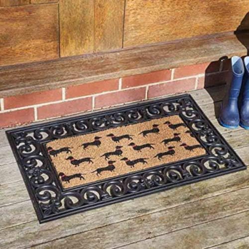 Image of Garden Mile® Non Slip Doormat Entry Hallway Natural Coir Indoor Outdoor Welcome Door Mat Monarch Decoir Easy Clean DOGS Pattern 53 x 23 cm