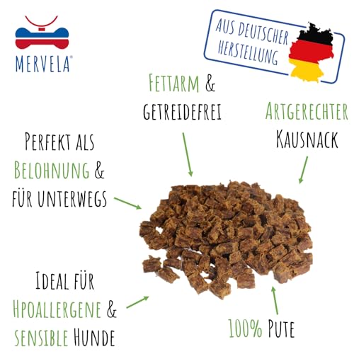 MERVELA® Premium Pute Kauwürfel für Hunde, 500g - Ideal als Trainingsleckerli | 100% Natürliches Putenfleisch | Hypoallergen für Sensible Hunde | Made in Germany