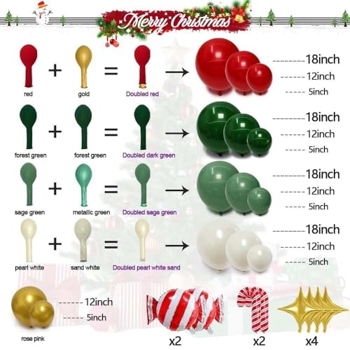Image of Christmas Red and Green Balloon Garland Arch Kit Pearl White Gold Foil Candy Cane Balloons With Gold 4-Point Star Balloons For Christmas Party Decorations