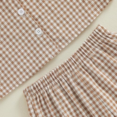 Toddler Baby Girl Clothes Summer Outfit Plaid Gingham Short Sleeve Shirt Sleeveless Tank Tops Pants Set (A6 Khaki, 2-3T) — view 4