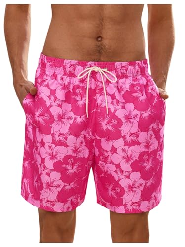 WDIRARA Men's Floral Print Swim Trunks Drawstring Waist Hawaiian Beach Shorts with Pockets