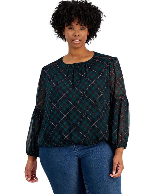 Tommy Hilfiger Women's Plus Size Long-Sleeve Plaid Bubble Top (Sky Captain Multi, 3X)