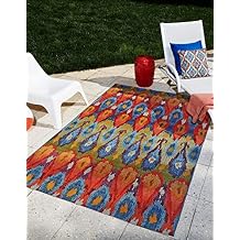 Unique Loom Outdoor Modern Collection Area Rug - Ikat 10 x 14 1" Rectangle Multi/Burgundy