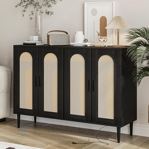 Rattan Sideboard Buffet Cabinet, Wooden Side board Accent Buffet With Power Outlet, Wood Sideboard With 4 Doors, BOHO Cabinet For Entryway, Hallway, Dining Room, Living Room, Coffee Bar (BLACK)