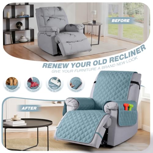 Image of TAOCOCO 100% Waterproof Recliner Chair Covers Reversible 22 inch, Sky Blue | Recliner Protector with Leg Straps, Washable 1 Seat Reclining Chair Slipcover with Storage Pocket for Pets & Kids