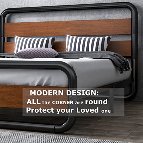 Sha Cerlin Queen Size Bed Frame With Wooden Headboard And Footboard, Heavy Duty Oval-Shaped Platform Bed With Under-Bed Storage, Noise Free, No Box Spring Needed, Walnut #TOP2