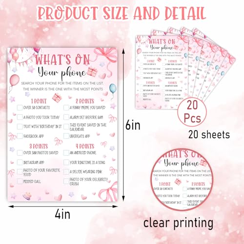 Image of Pink Slumber Party Games Card - Coquette Pink Bow Themed Sleepover Slumber Party Supplies- Sleepover Stuff- Birthday Night Games Creative Idea -What's on Your Phone- 20 Game Cards