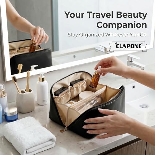 Image of Cosmetic Bag for Women, PU Leather Makeup Pouch, Large Capacity Travel Makeup Organizer with Divider & Handle, Waterproof Portable Vanity Storage Bag for Toiletries (Black)