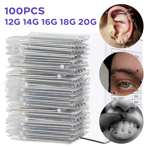 100Pcs Mixed Piercing Needles - Usiriy 20G 18G 16G 14G 12G Hollow Needles Ear Nose Piercing Needle for Lip Tongue Belly Navel Nipple Professional Piercing Tools