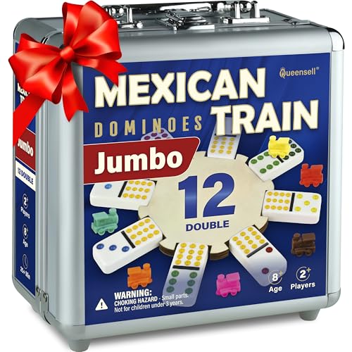 Jeu de Dominos Mexican Train Double 12 – Jeu de Dominos géants pour Adultes, 91 Dominos à Points colorés, moyeu en Bois, Train et Coffret en Aluminium