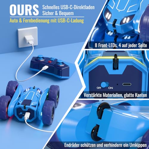 MaxTronic Direktladung RC Ferngesteuertes Auto mit LED, Exklusiv Dual-USB-C-Ladung für Auto & Fernbedienung – 360° Flips, 2.4G 15 km/h 4WD Gummi-Reifen – Vollständig aufladbares Stunt-Auto für Kinder