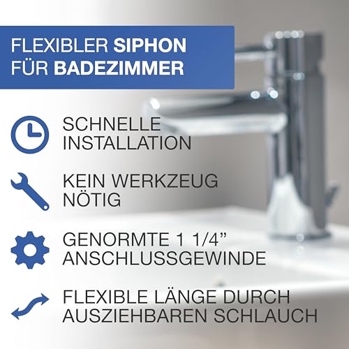 VARIOSAN Flexibler Ablaufschlauch 13972, 1 1/4\ x 32 mm, Siphon/Geruchsverschluss für Waschbecken, Ausziehbar von 320-880 mm