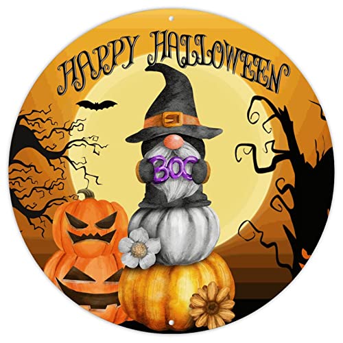 Panneau rond d'Halloween Halloween Horro Gnome d'arbre citrouille Plaque en métal Happy Halloween Full Moon Gnomes d'automne Décorations vintage en métal pour chambre à coucher 22,9 x 22,9 cm Cover