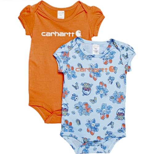 Image of Carhartt Baby Girls' 2 Pack Bodysuit Light Blue/Orange, 18 Months