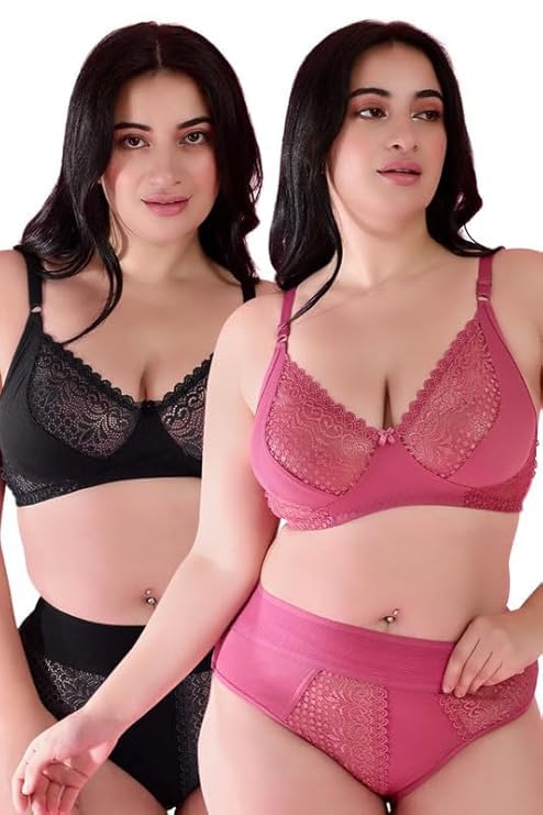 Vale Era Bridal Honeymoon Cotton Designer Bra Panty Set Lace Push Up Non-Wired Solid Lingerie Lace Bra and Hipster 50MM Broad Belt Panty Set for Women and Girls Lingerie Set (Black & OROSE)-image-16