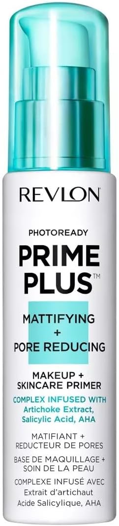 Revlon Face Primer by, PhotoReady Prime Plus Face Makeup for All Skin Types, Blurs & Fills in Fine Lines, Infused with Salicylic Acid and AHA, Mattifying & Pore Reducing, 1 Oz