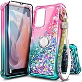 WDHD Compatible with Motorola Moto G-Stylus-5G-2024 Case Pink/Aqua | Glitter Bling Sparkly Liquid Cute Phone Cover with Tempered Glass Screen Protector/Ring Holder/Diamond Wrist Strap Lanyard