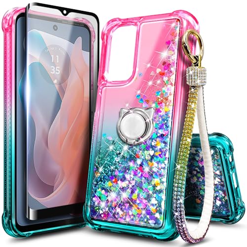 WDHD Compatible with Motorola Moto G-Play-2024 Case Pink/Aqua | Glitter Bling Sparkly Floating Liquid Cute Phone Cover with Tempered Glass Screen Protector/Ring Holder/Diamond Wrist Strap Lanyard