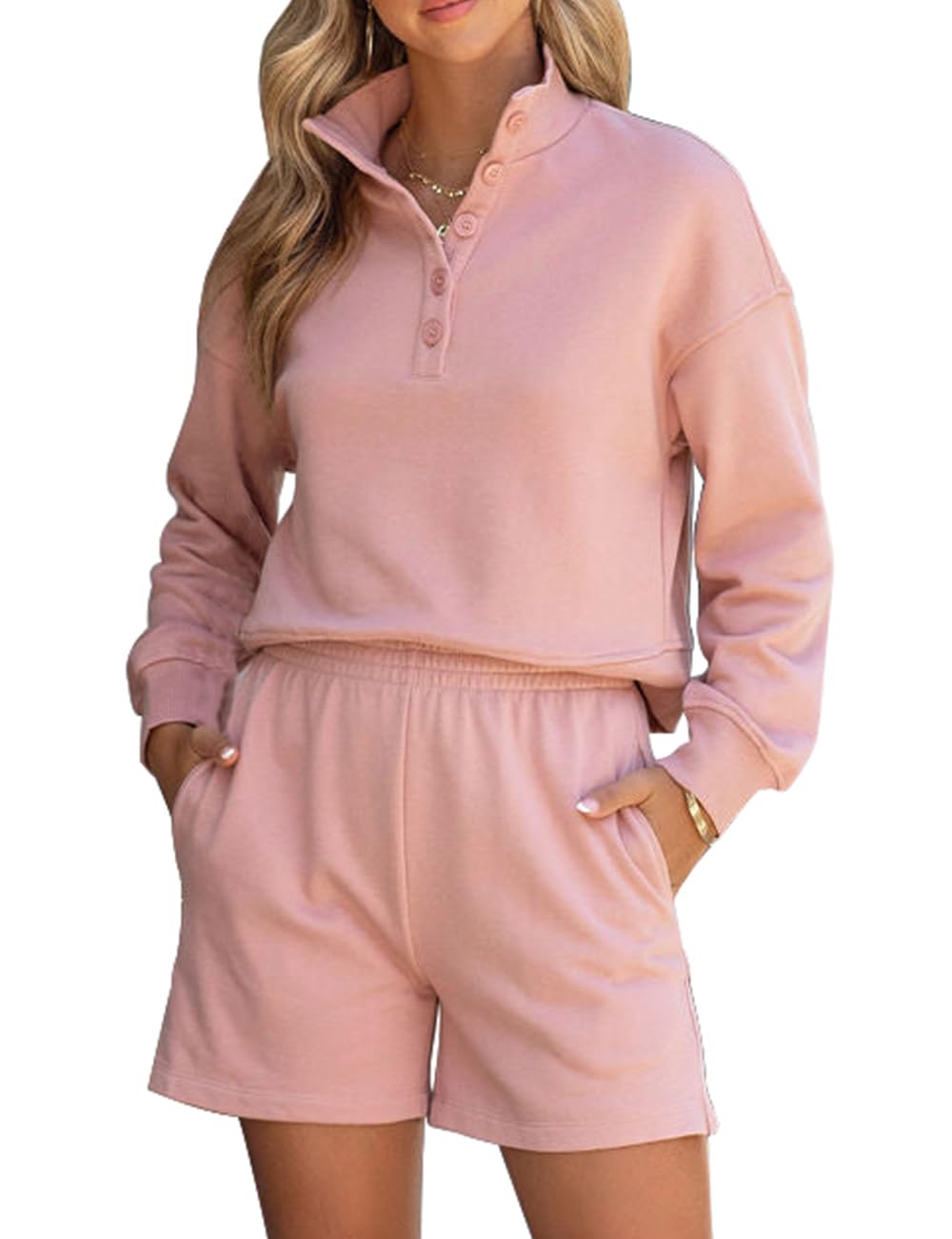 FUPHINE Women 2 Piece Outfits Sweatsuit Long Sleeve Button Down Pullover and Shorts Set with Pockets X-Large B-pink
