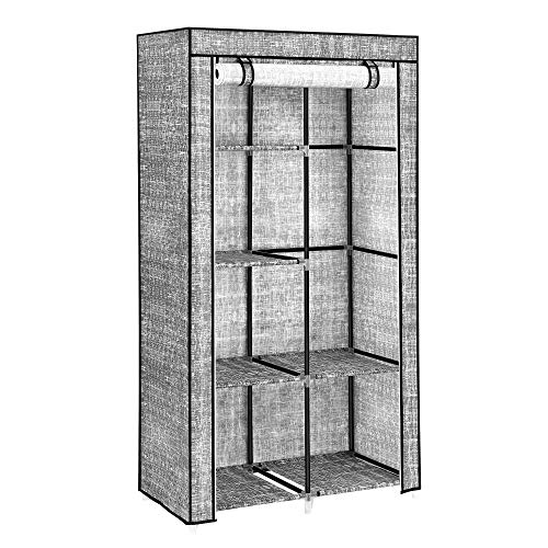 SONGMICS Portable Closet, Wardrobe, Clothes Storage Organizer with 6 Shelves, 2 Clothes Hanging Rails, Linen-Look, for Bedroom, Apartment, Gray URYG084G12