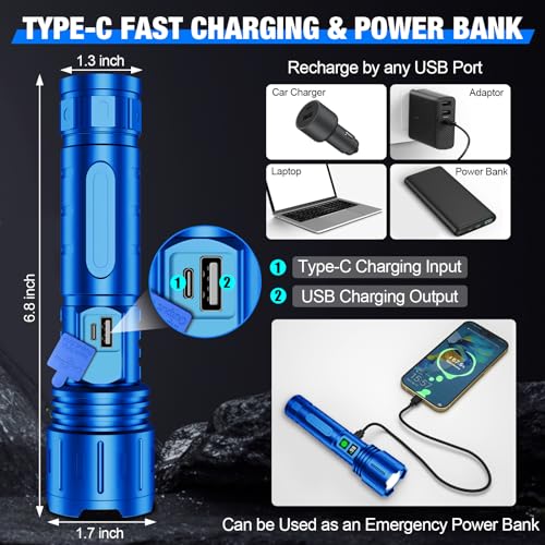 Image of Banral Flashlights High Lumens Rechargeable, Super Bright LED Powerful Flashlight, Type-C, 5 Modes, Zoomable, IPX5 Waterproof High Powered Tactical Flash Light for Emergency Camping,Blue