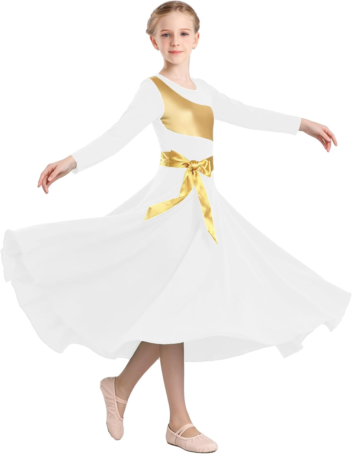 Girls Long Sleeve Praise Dance Dress V-Neck Liturgical Worship Dance Costumes Swing Lyrical Dancewear
