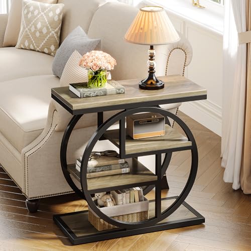 Image of Tribesigns End Table Set of 2, 4-Tier Narrow Side Table with Storage Shelves, Wood Small Sofa Side Table with Geometric Metal Frame, Industrial Bedside Table for Bedroom, Living Room, Grey
