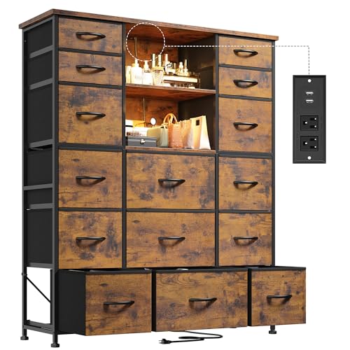 EnHomee 51" H Dresser with 15 Drawers Dresser for Bedroom with Charging Station & LED Lights & Hutch Sturdy Fabric Bedroom Dressers, Steel Frame, Wood Top, Rustic Brown, 51.2" H x 39.3" W x 11.8" D