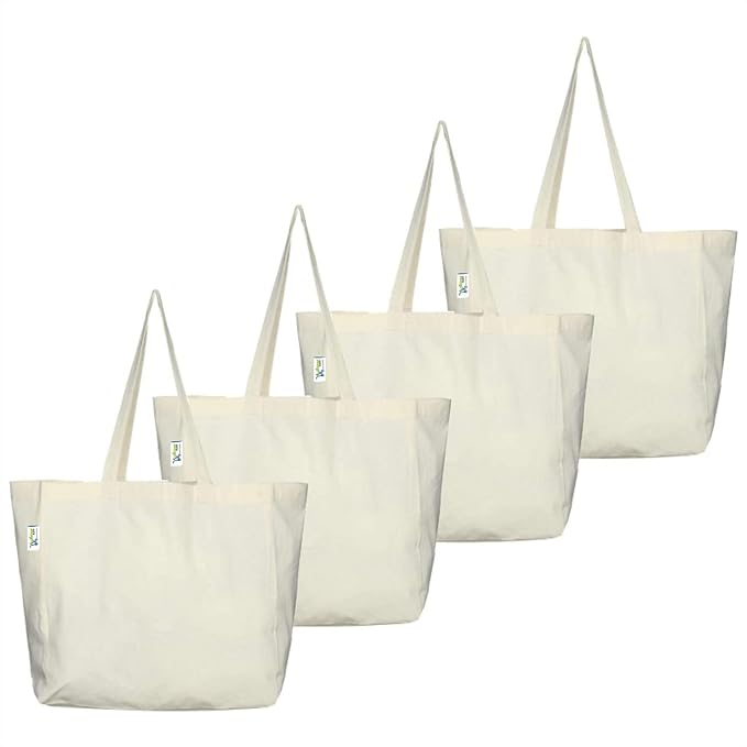 VantageKart Natural Cotton Plain Tote Shopping Bags with Cross Stitching | Heavy Duty, Washable, Eco Friendly Biodegradable Canvas Multipurpose Grocery Tote Bag – Set of 4 at Rs. 599